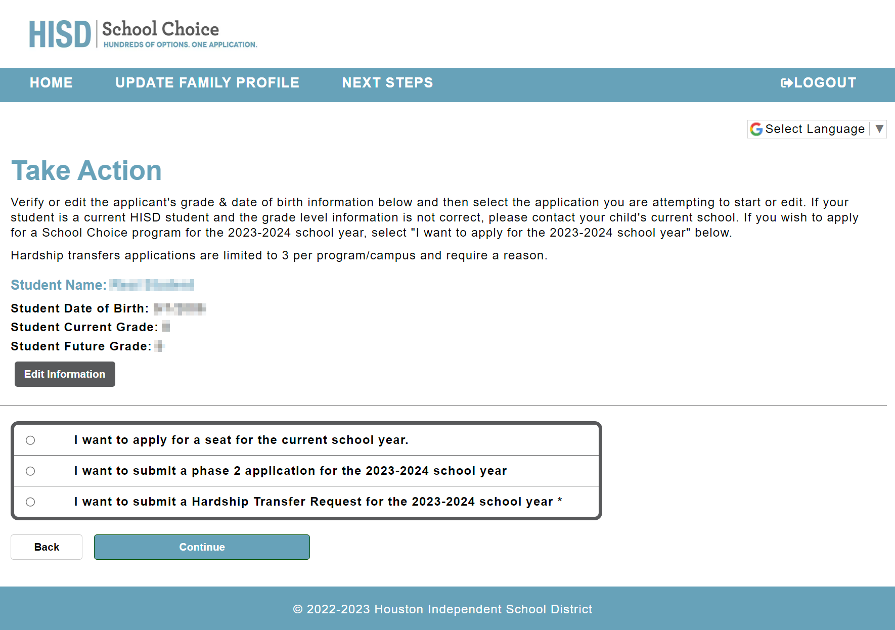 After you add a student to your family profile, you can then begin the application. (3/12)